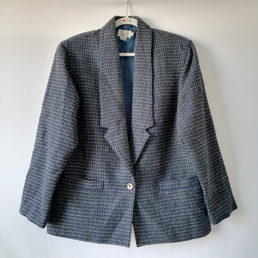 Vintage S.K. And Co Women's Navy Blue Wool Gold Metallic Woven Blazer Size 12